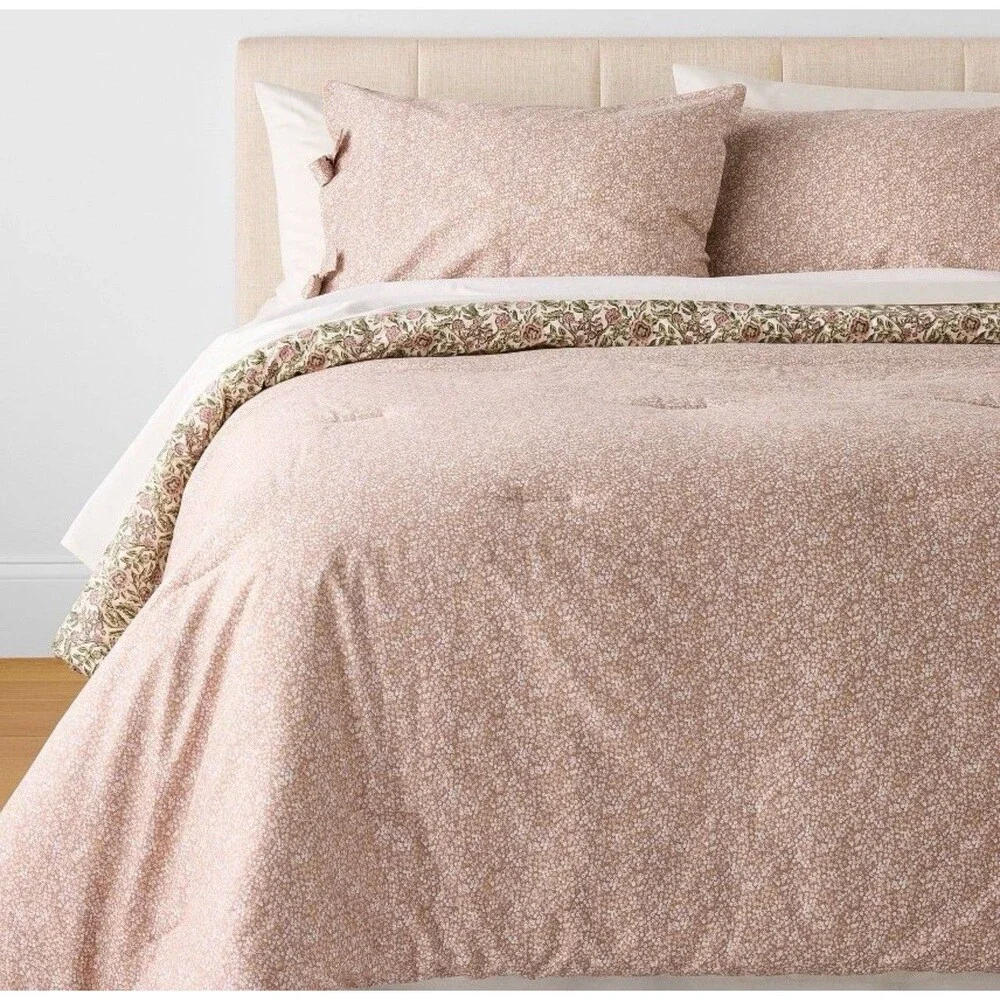 3pc Full/Queen Reversible Floral Comforter Set Pink/Green- Threshold